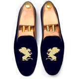 Blue Velvet Dragons Embroidered Loafers