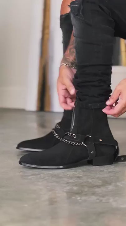 Black Suede Ravian Harness Chelsea Boots with Chains