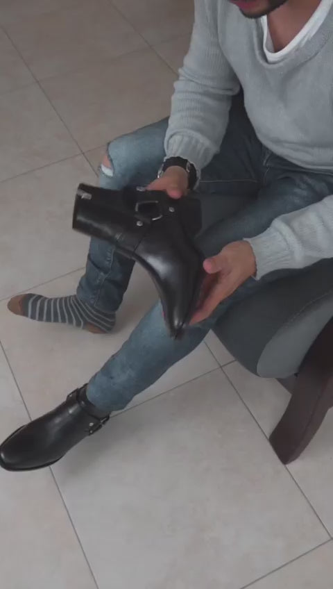 Black Leather Ravian Harness Chelsea Boots