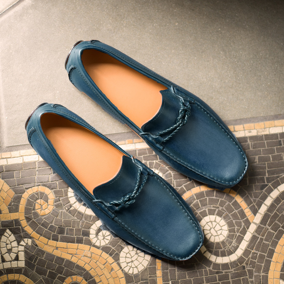 Navy Blue Leather Davos Driving Loafers