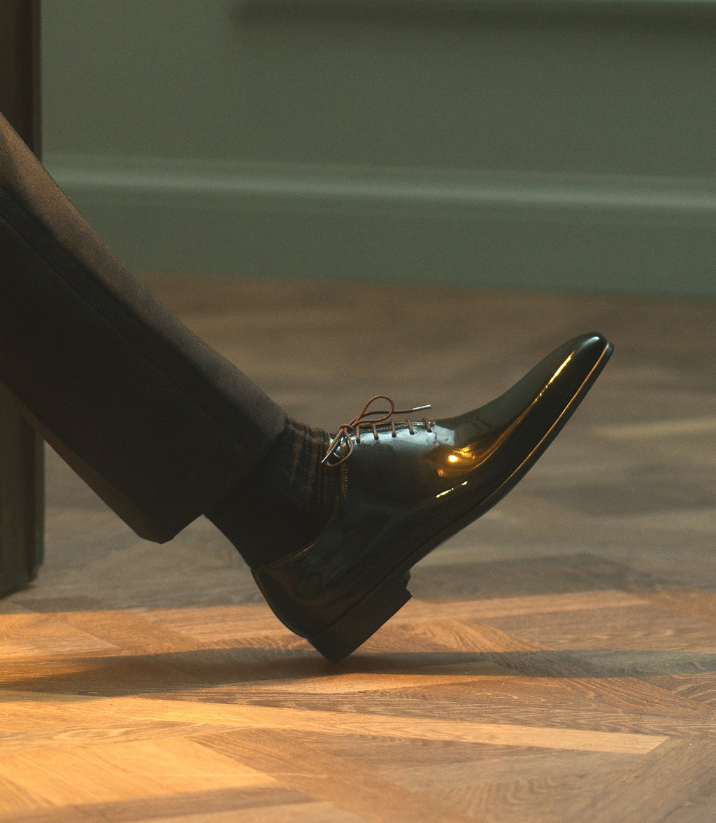 Black Patent Leather Bucoli Whole Cut Lace Up Oxfords