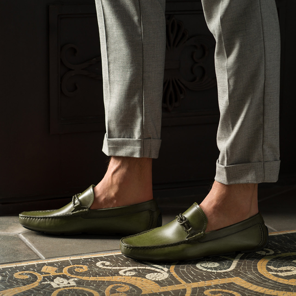 Olive Green Leather Davos Driving Loafers 
