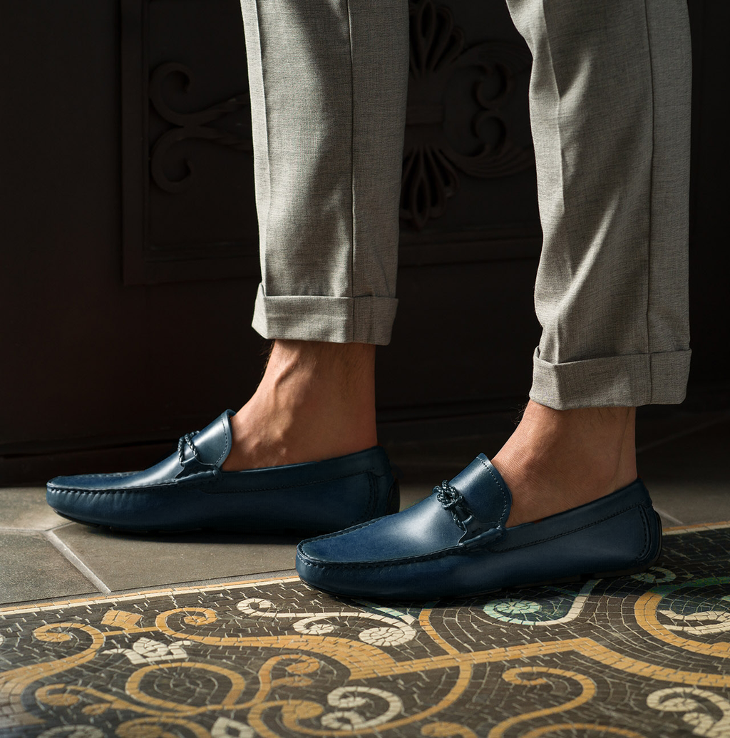 Navy Blue Leather Davos Driving Loafers