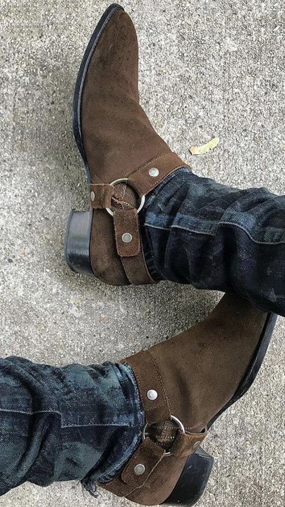 Height Increasing Brown Italian Italian Suede Wanton Slip On Harness Chelsea Boots