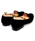 Flat Feet Shoes - Black Velvet Spartan Shield Embroidered Loafers with Arch Support