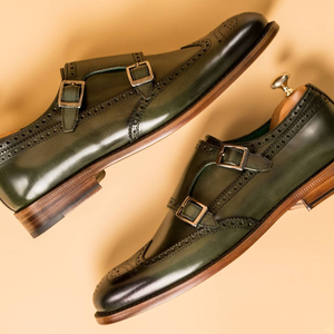 Height Increasing Green Leather Arbon Brogue Toe Cap Double Monk Straps