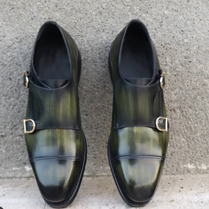 Height Increasing Green Leather Ascona Toe Cap Double Monk Straps