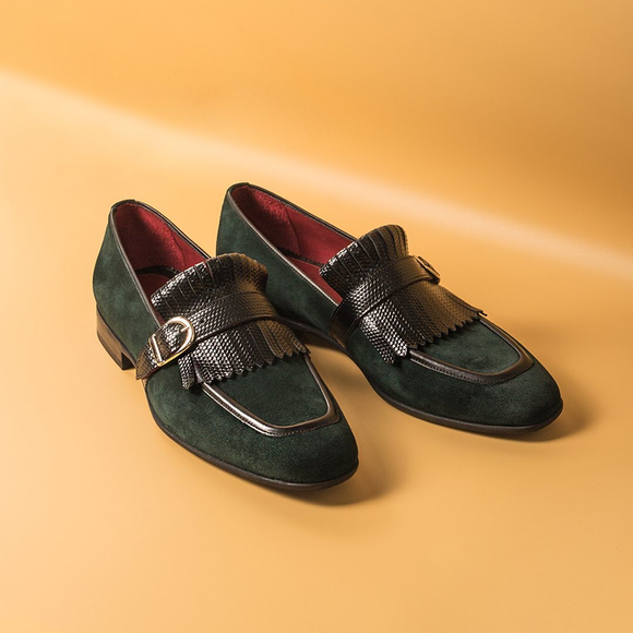 Green Leather and Suede Aubonne Single Monk Straps