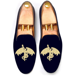 Flat Feet Shoes - Blue Velvet Gargoyle With Beer Embroidered Loafers with Arch Support