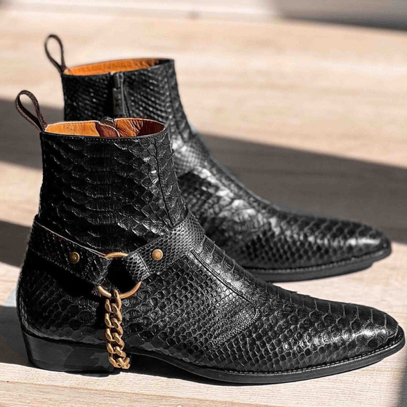 Python Print Italian Leather Wanton Slip On Harness Chelsea Boots