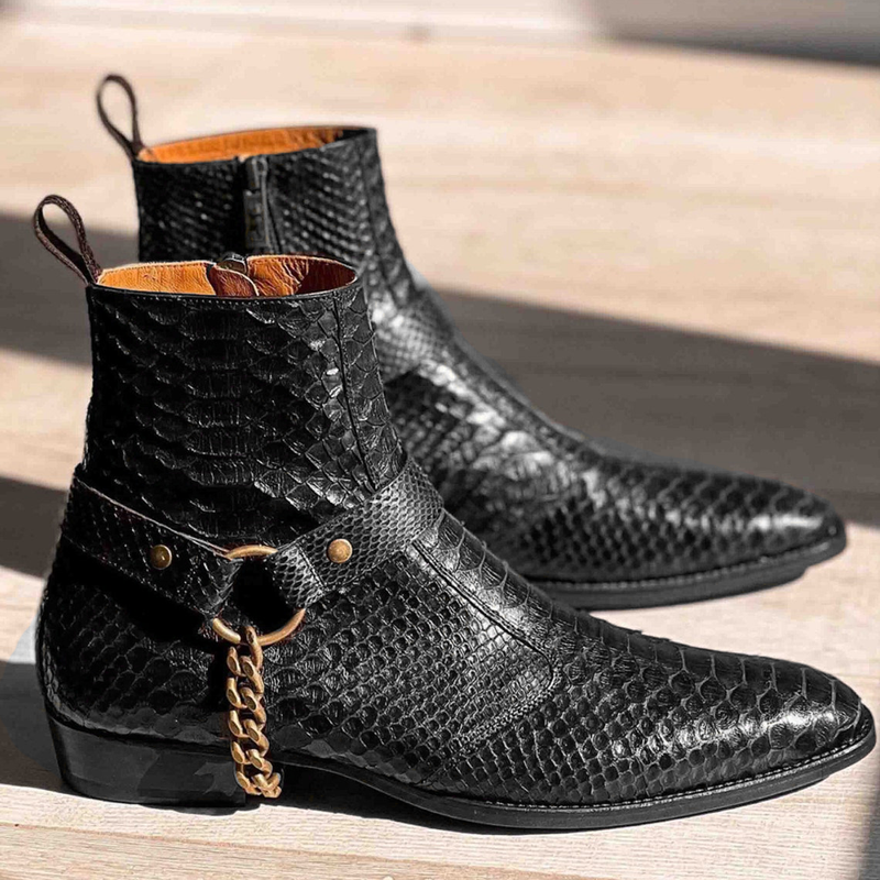 Height Increasing Black Crocodile/Python Print Italian Leather Wanton Slip On Harness Chelsea Boots 