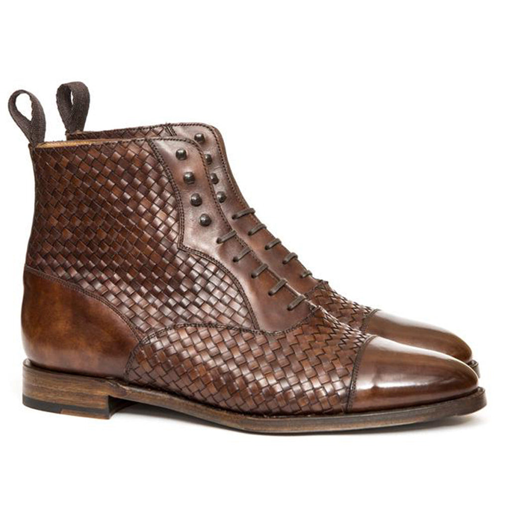 Height Increasing Brown Braided Leather Efford Lace Up Boots