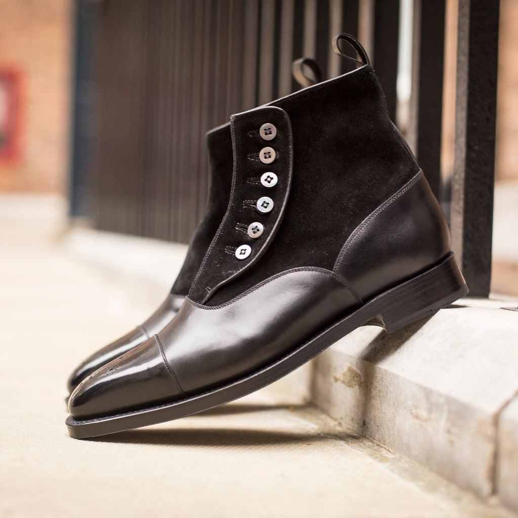 Height Increasing Black Leather and Suede Granity Buttoned Up Oxford Boots 