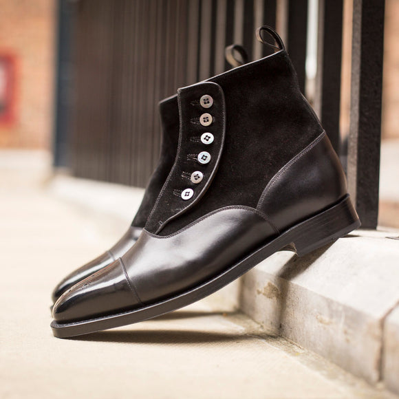 Black Leather and Suede Granity Buttoned Up Oxford Boots 