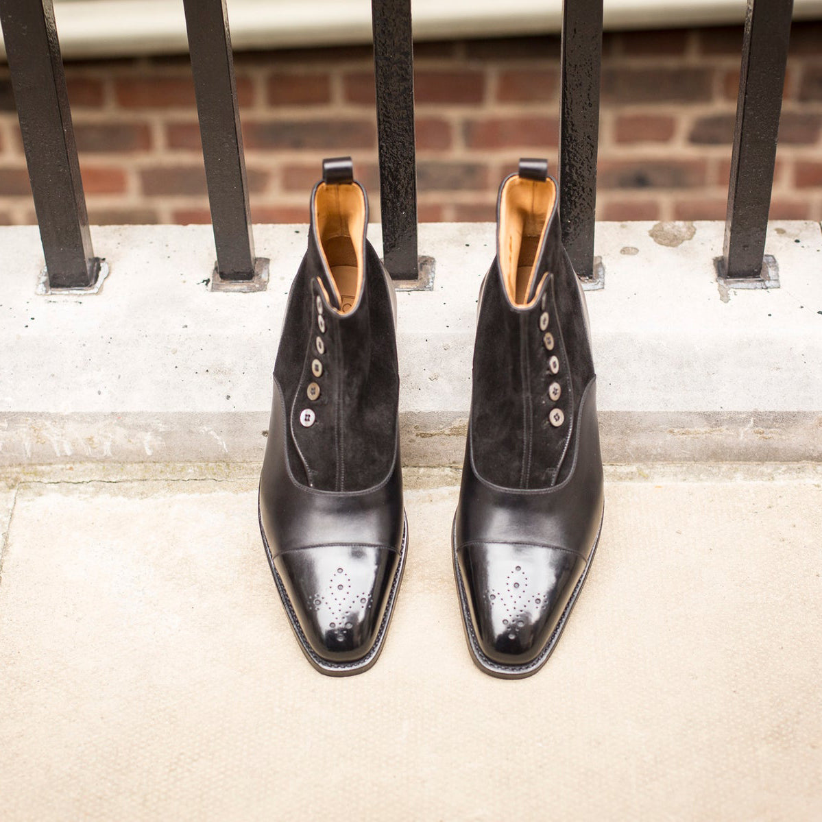 Height Increasing Black Leather and Suede Granity Buttoned Up Oxford Boots 