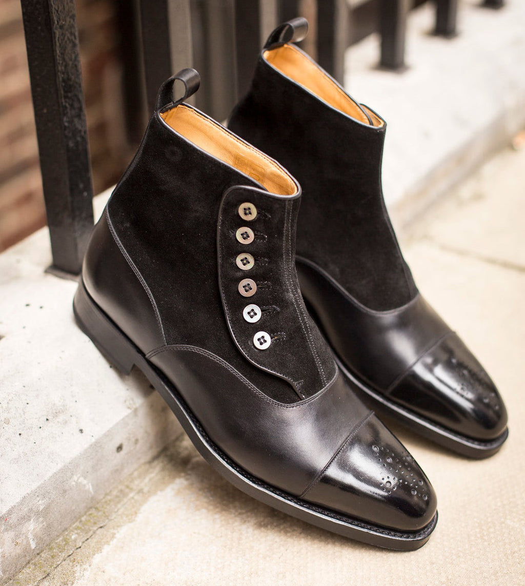 Height Increasing Black Leather and Suede Granity Buttoned Up Oxford Boots 