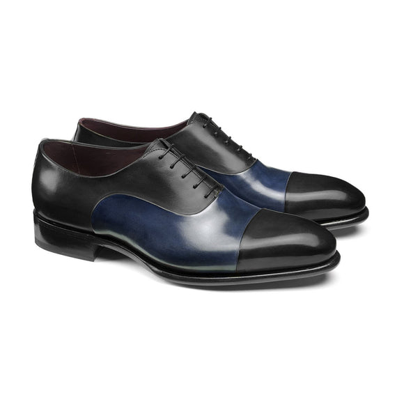 Flat Feet Shoes - Black and Navy Blue Leather Woodford Balmoral Toe Cap Oxfords with Arch Support