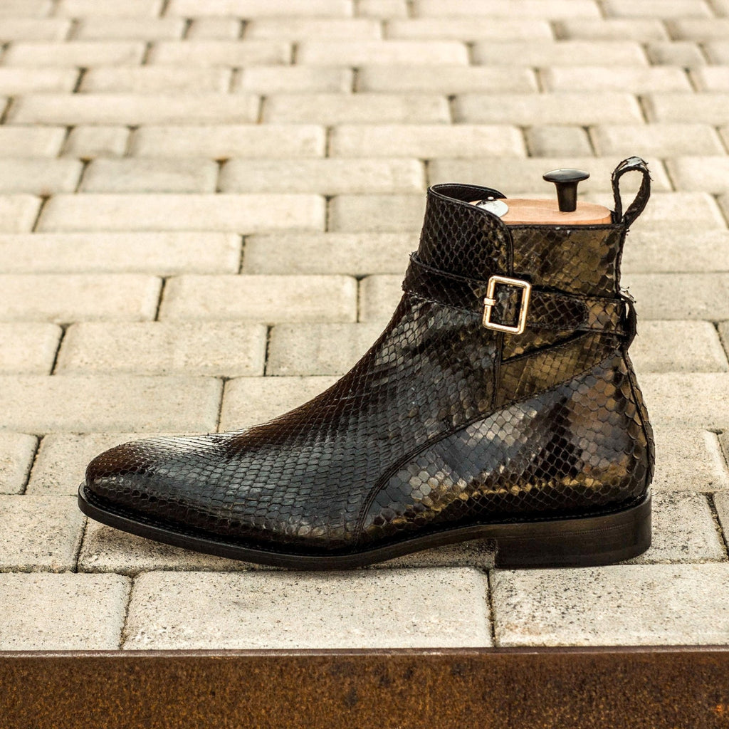 Black Python Print Italian Leather Cantane Slip On Jodhpur Boots