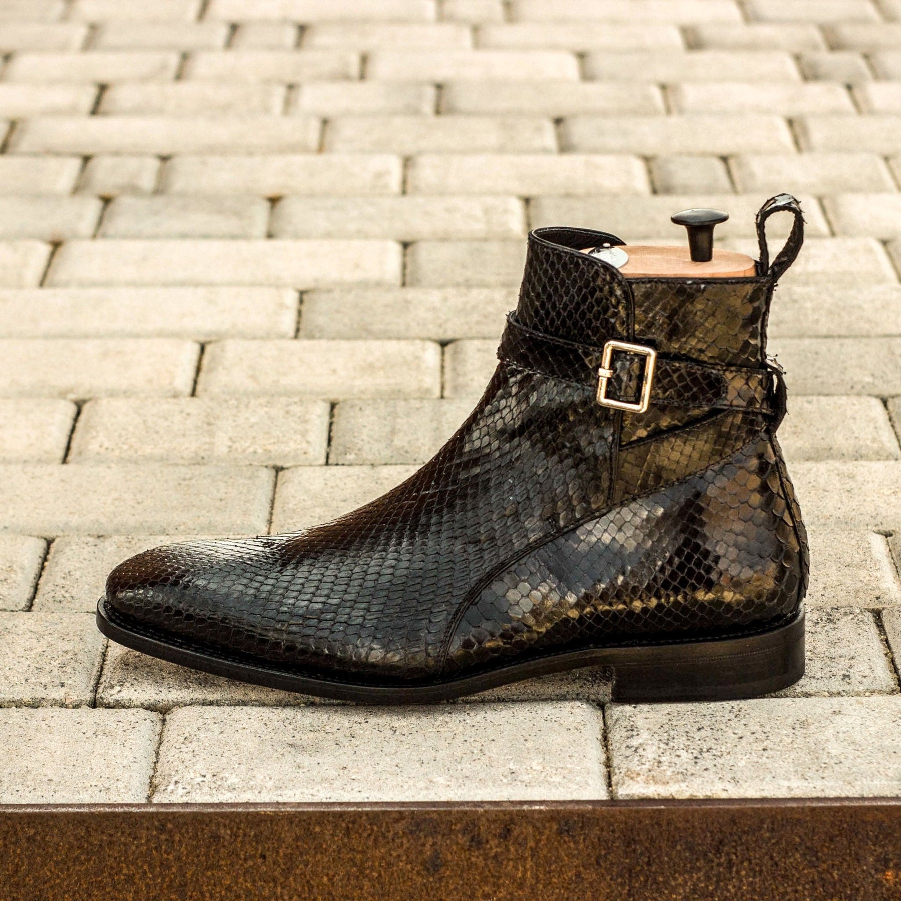 Black Python Print Italian Leather Cantane Slip On Jodhpur Boots