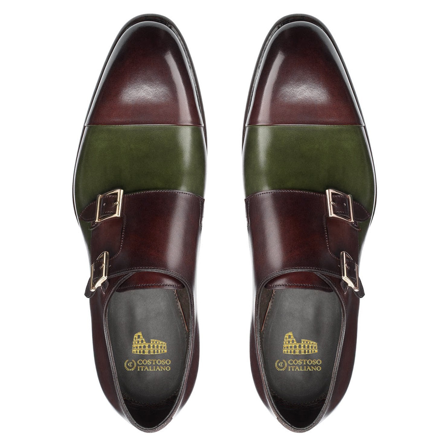 Flat Feet Shoes - Brown and Green Leather Castle Monk Straps with Arch Support