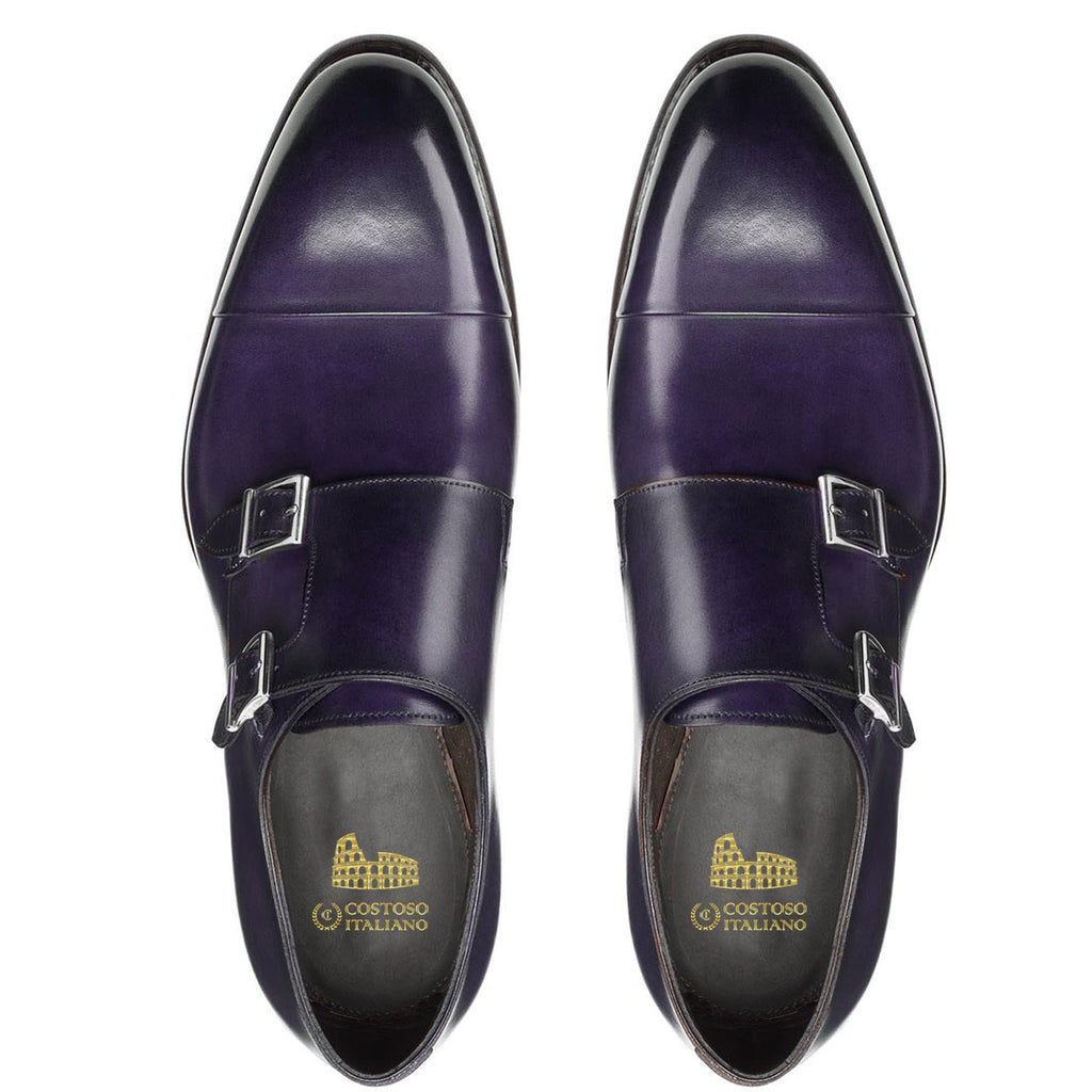 Flat Feet Shoes - Purple Leather Castle Monk Straps with Arch Support