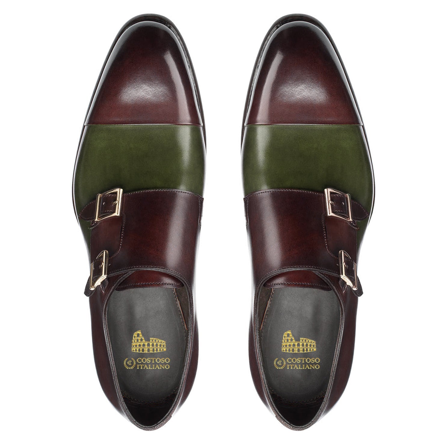 Height Increasing Brown and Green Leather Castle Monk Straps
