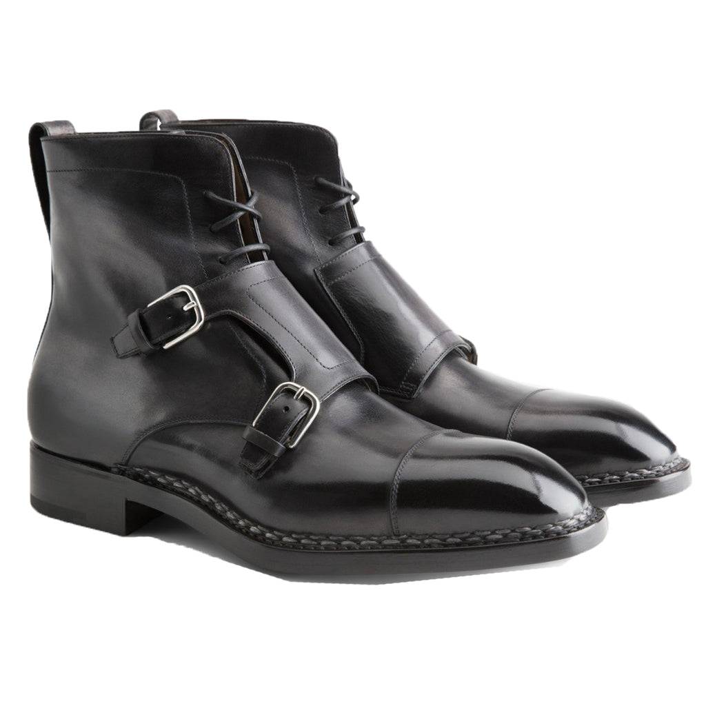 Norwegian Welted Mafra Black Leather Double Monk Strap Oxford Boot