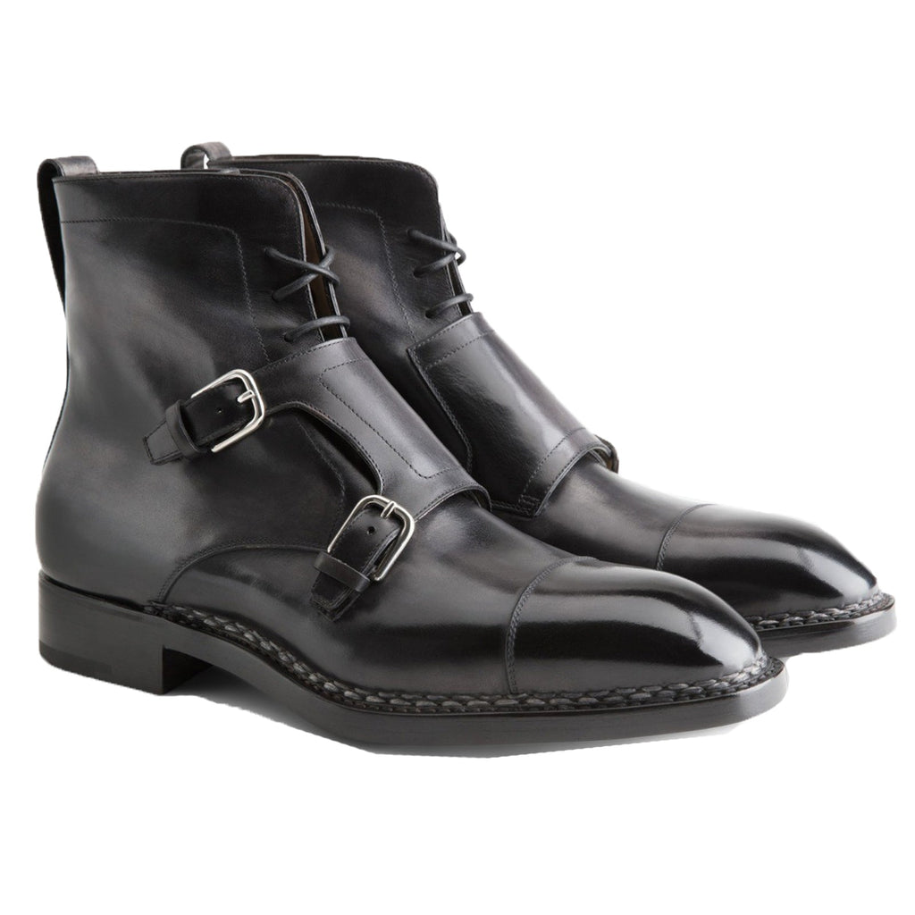 Height Increasing Norwegian Welted Mafra Black Leather Double Monk Strap Oxford Boot