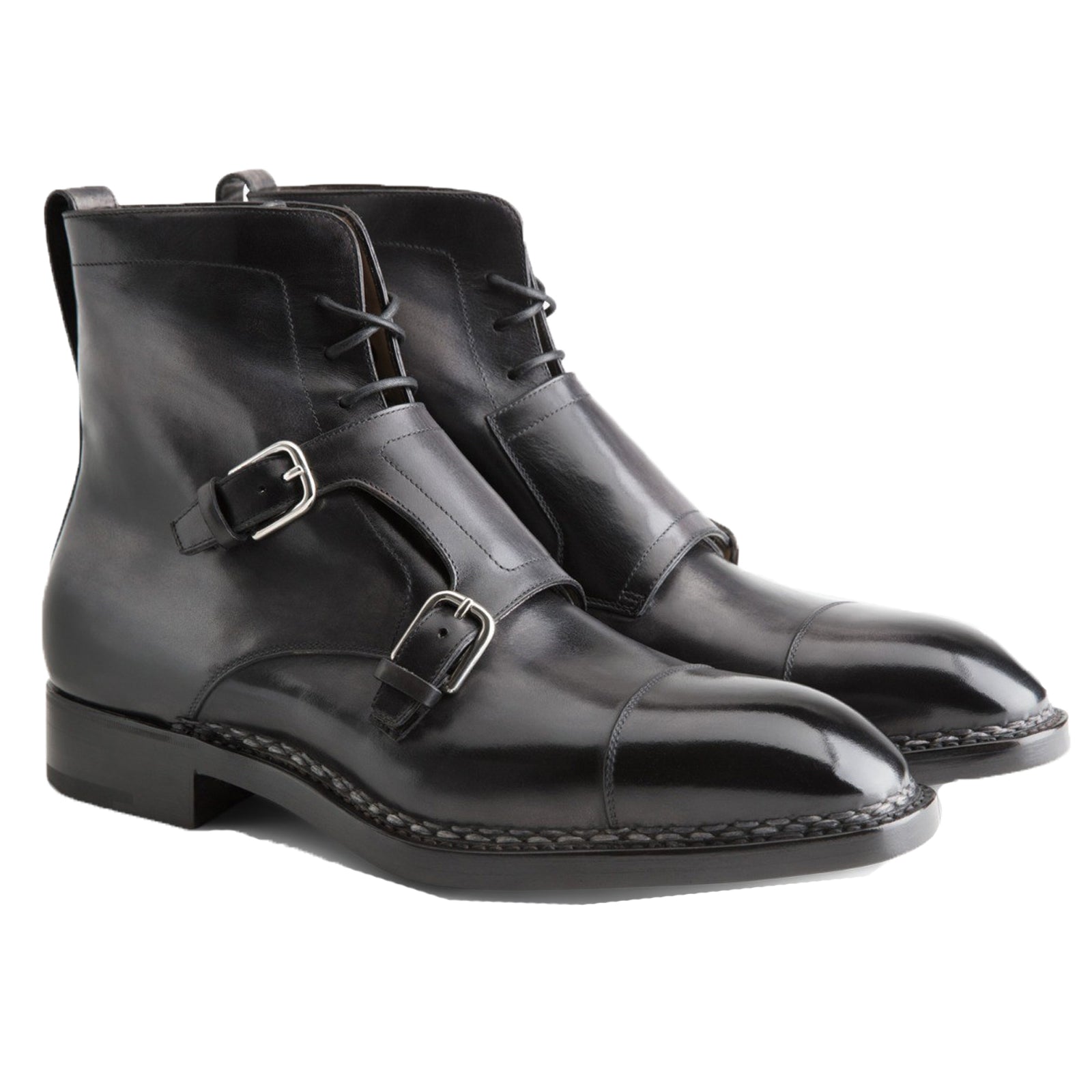 Height Increasing Norwegian Welted Mafra Black Leather Double Monk Strap Oxford Boot