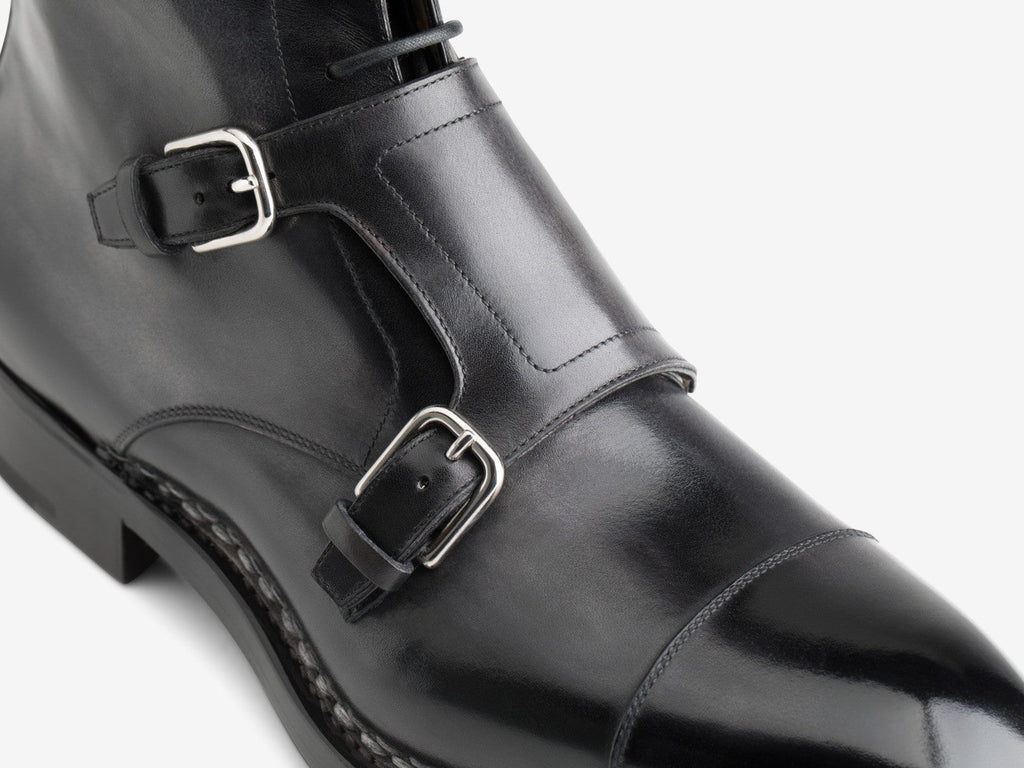Height Increasing Norwegian Welted Mafra Black Leather Double Monk Strap Oxford Boot