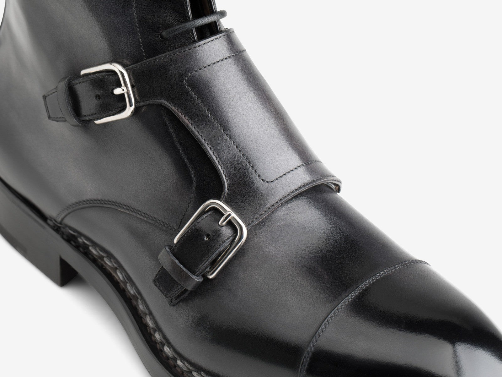 Height Increasing Norwegian Welted Mafra Black Leather Double Monk Strap Oxford Boot