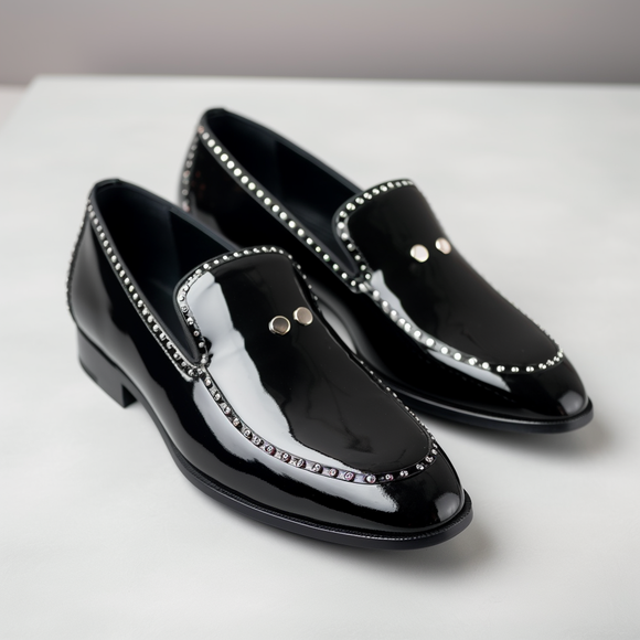 Black Patent Leather Spike Brilly Slip On Studded Loafers - SS23