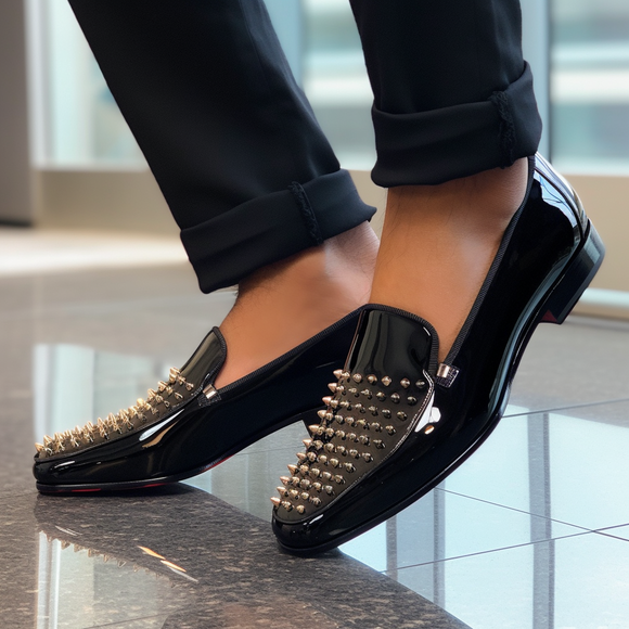 Black Patent Leather Spike Gleami Slip On Studded Loafers - SS23