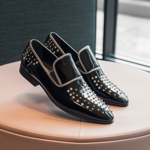 Black Leather Spike LuxeTread Slip On Studded Loafers - SS23