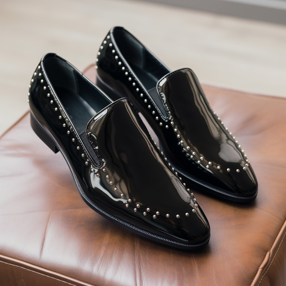 Black Leather Spike RivetStroll Slip On Studded Loafers