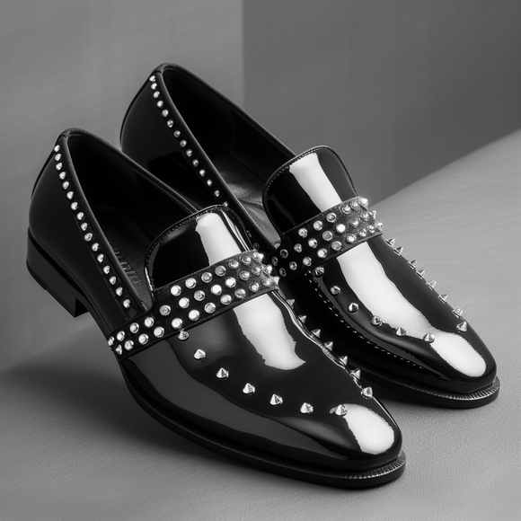Black Patent Leather Spike Glimra Slip On Studded Loafers SS23