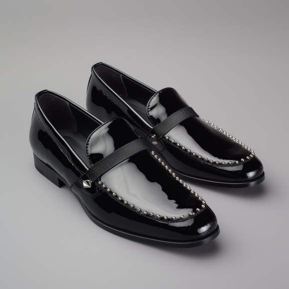 Black Patent Leather Spike Radien Slip On Studded Loafers - SS23