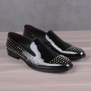 Black Leather Spike Sheenara Slip On Studded Loafers