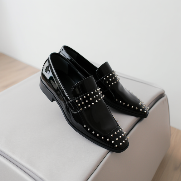 Black Patent Leather Spike Iridia Slip On Studded Loafers - SS23