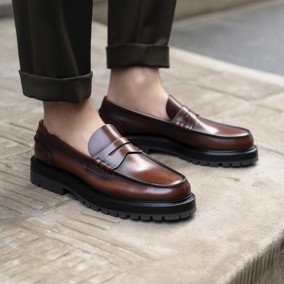 Brown Leather Prestige Penny Loafers with Chunky Sole