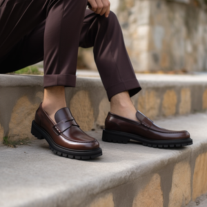 Brown Leather Knowlton Penny Loafers with Chunky Track Sole 