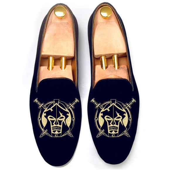 Height Increasing Blue Velvet Spartan Shield Embroidered Loafers