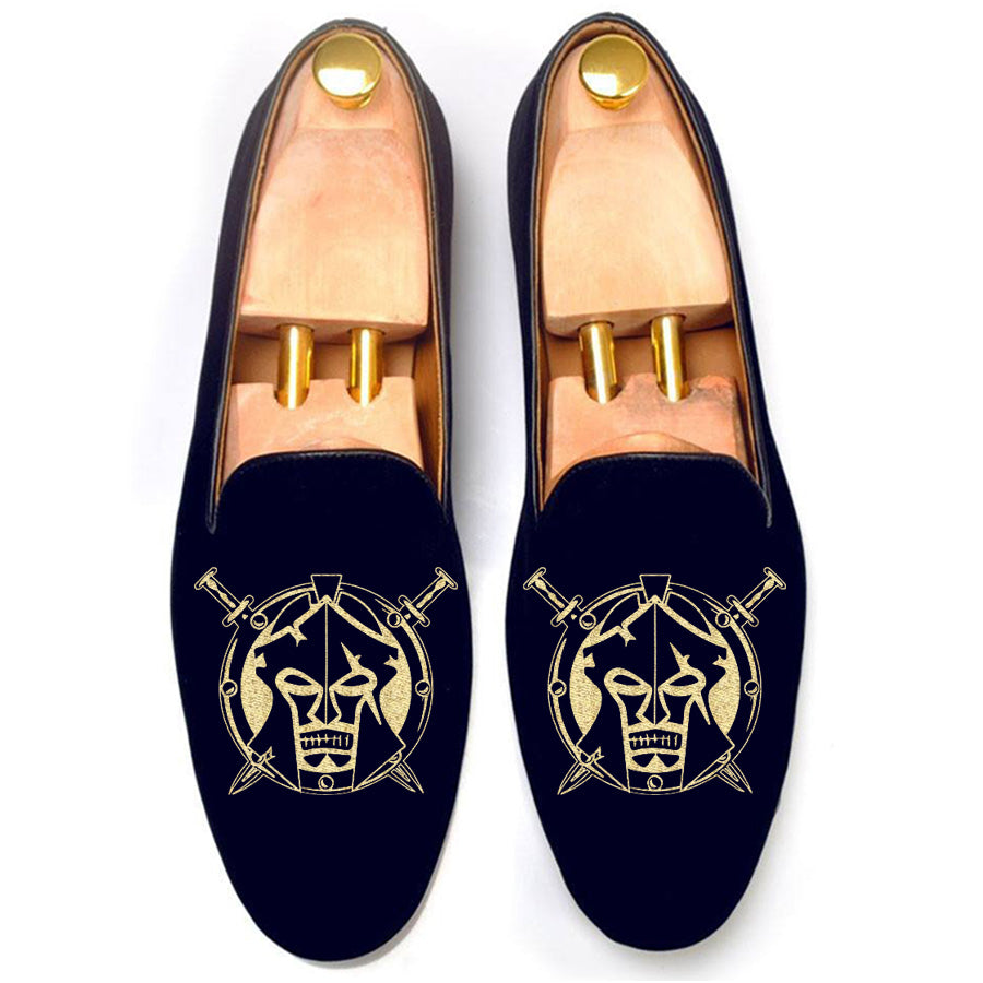 Blue Velvet Spartan Shield Embroidered Loafers