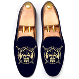 Flat Feet Shoes - Blue Velvet Spartan Shield Embroidered Loafers with Arch Support