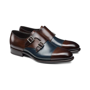 Flat Feet Shoes - Navy Blue and Brown Leather Castle Monk Straps with Arch Support