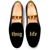 Black Velvet Thug Life Embroidered Loafers