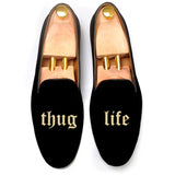 Flat Feet Shoes - Black Velvet Thug Life Embroidered Loafers with Arch Support