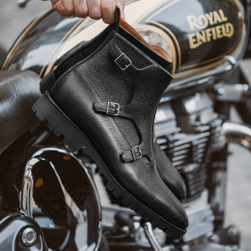Black Leather Santana Chunky Monk Strap Boots