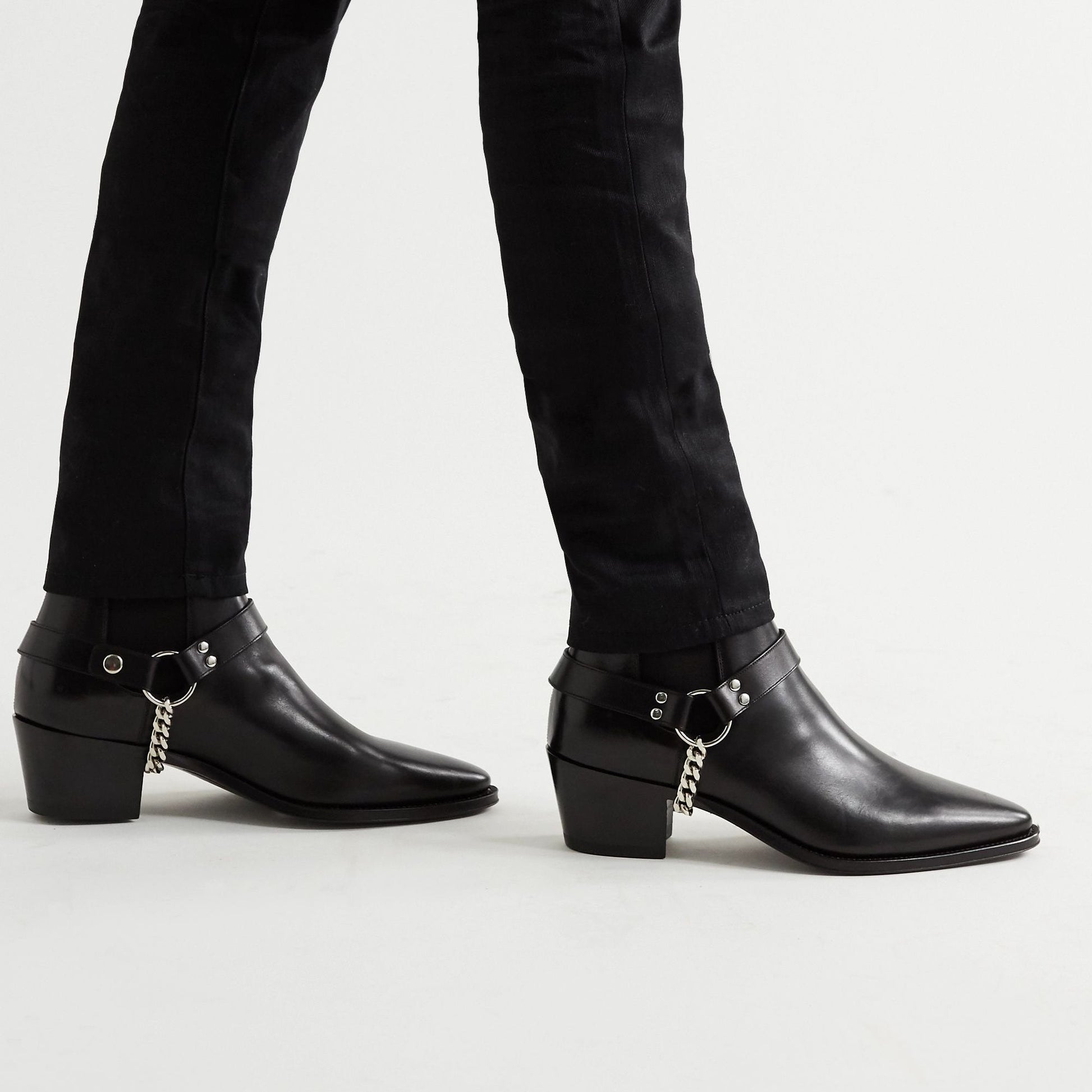 Black Italian Leather Wanton Slip On Chelsea Boots with Chains