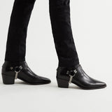 Height Increasing Black Italian Leather Wanton Slip On Chelsea Boots with Chains